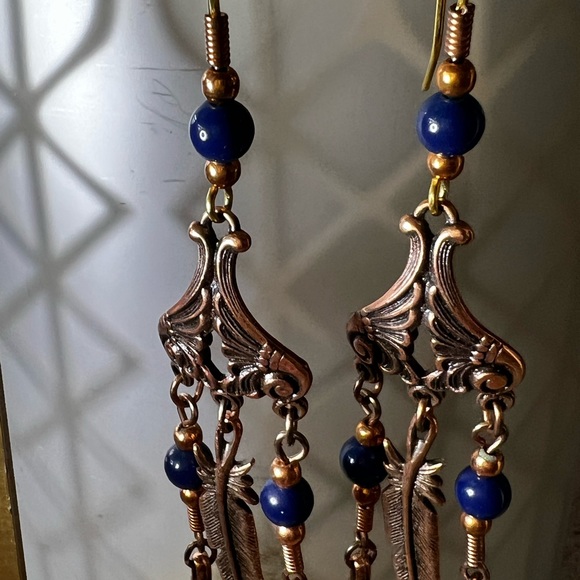 Vintage Copper & Lapis Native American dangle Earrings - Picture 4 of 7